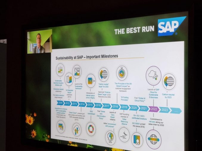 Daniel Schmid, Chief Sustainability Officer bei SAP, präsentiert in dieser Grafik – CO2-Emissionssparend per Videokonferenz – die lange Sustainability-Historie der SAP. (c) SAP Österreich