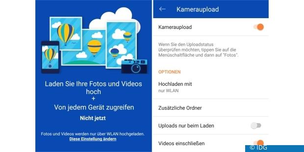 Den automatischen Kameraupload am Smartphone bieten die meisten Cloud-Apps. Die Abbildung zeigt Installation (links) und Einrichtung am Beispiel von Microsoft Onedrive. (c) IDG