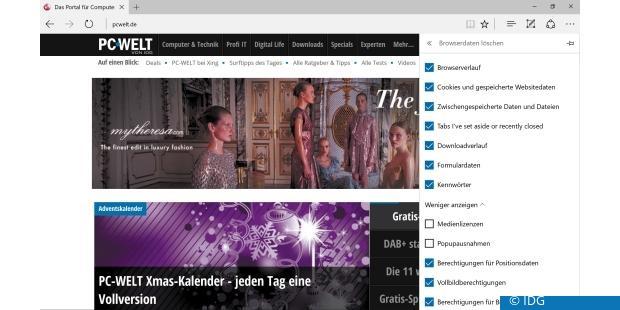 Browser (im Bild Edge) lassen sich dahingehend konfigurieren, dass alle während einer Surfsession auf dem PC gespeicherten Elemente nach dem Beenden automatisch entfernt werden. (c) IDG