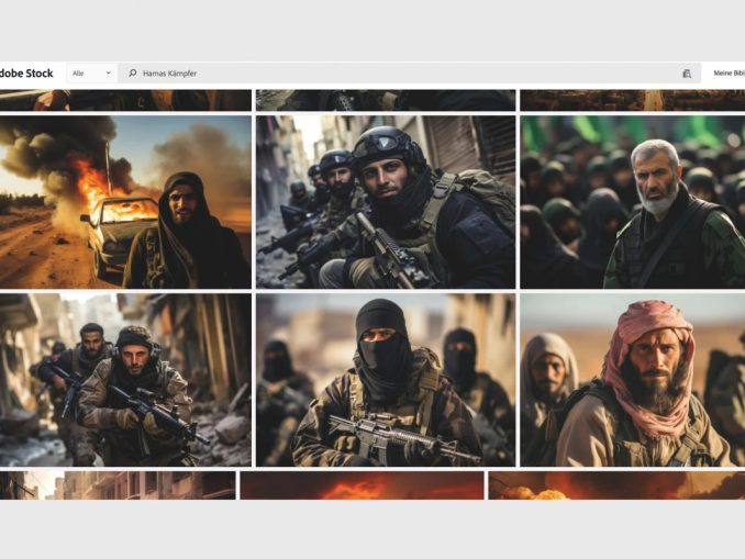 Vom Deutschen Fotorat präsentiertes Beispiel von mit künstlicher Intelligenz erzeugten Bildern, die bei Adobe Stock unter dem Stichwort »Gaza« angeboten werden. (c) Deutscher Fotorat