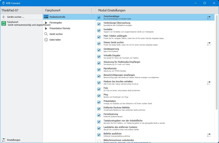 Die Moduleinstellungen für KDE Connect unter Windows