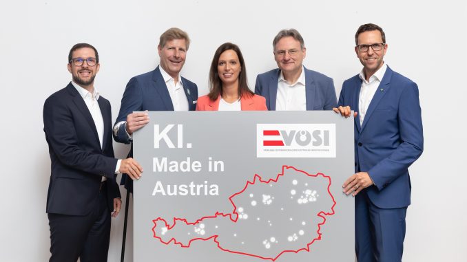 (v.l.n.r.): Florian Tatzer, CIO ProSiebenSat.1 PULS 4, Julian Hadschieff, Gründer, CEO & Inhaber der Humanocare Group, Doris Lippert, VÖSI-Präsidentin & Mitglied der Geschäftsleitung Microsoft Österreich, Univ-Prof. Andreas Kugi, Scientific Director, AIT Austrian Institute of Technology, Christoph Knogler, CEO KEBA Group und Vorsitzender der KI-Taskforce der Industriellenvereinigung (c) Jana Madzigon