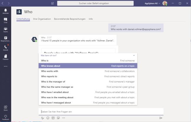 Bots erleichtern in Teams beispielsweise das Auffinden von Personen in großen Unternehmen. (c) Microsoft 