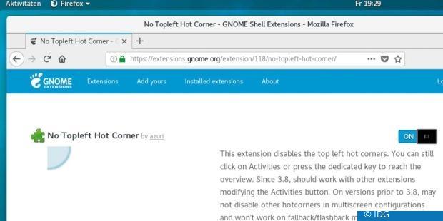 Schaltet die automatische Reaktion der oberen linken Ecke der Gnome-Arbeitsfläche ab. (c) IDG