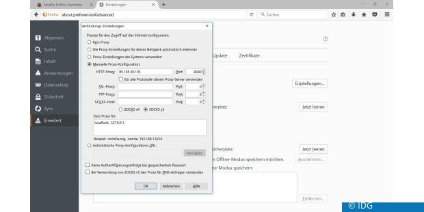 Nur Firefox bietet Ihnen die Möglichkeit, über einen Proxy-Server ins Web zu gehen. Edge, IE11 und Opera nutzen hingegen die Proxy-Einstellungen des Rechners. (c) IDG