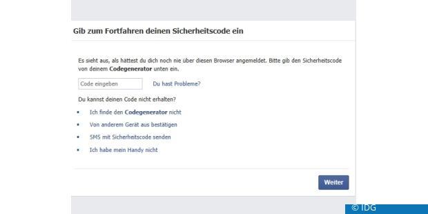 So sieht die Zwei-Faktor-Authentifizierung bei Facebook aus. (c) IDG