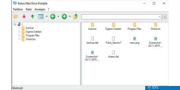 Rohos für USB-Sticks kann den geschützten Container als Laufwerk in Windows einbinden oder wie auf diesem Bild in seinem eigenen Programmfenster darstellen. (c) IDG