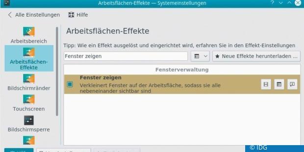 Der KDE-Effekt „Fenster zeigen“ ordnet alle laufenden Programme nebeneinander an. (c) IDG