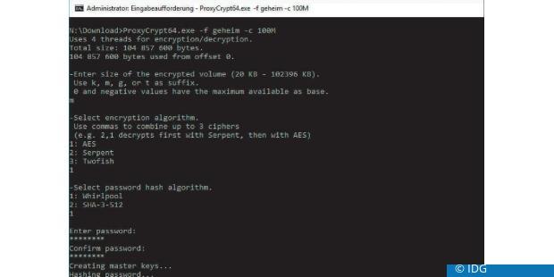 Mit dem Befehlszeilen- Tool Proxycrypt erstellen und öffnen Sie verschlüsselte Container. Das ist nützlich, wenn Sie diese Aufgaben automatisieren möchten. (c) IDG