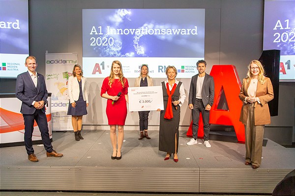 Martin Resel (A1 CCO Enterprise), Emilia Schützenhofer (fit4internet), Elisabeth Weißenböck (acodemy), Maria Jelenko-Benedikt (RMA), Anna Relle Stieger (acodemy), Michael Altrichter (Startup-Beauftragter des BMDW), Bundesministerin für Digitalisierung und Wirtschaftsstandort Margarete Schramböck. (c) A1/APA/Juhasz