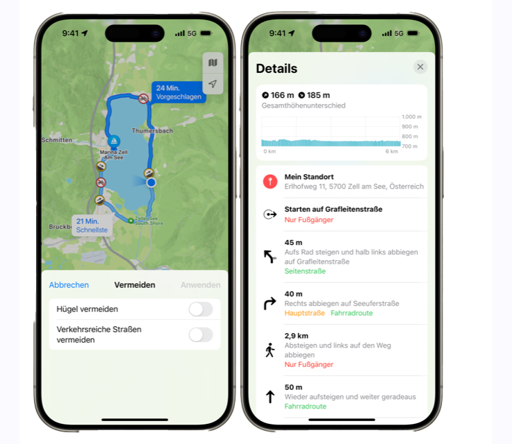 Fahrradroute um den Zeller See sowie die Anweisungen dazu. (c) Apple