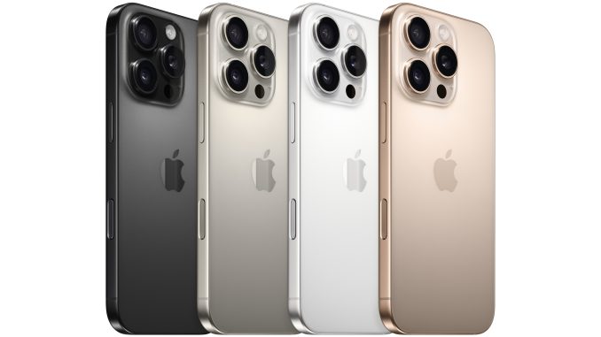 iPhone 16 Pro und iPhone 16 Pro Max werden in vier Farben erhältlich sein: Titan Schwarz, Titan Natur, Titan Weiss und Titan Wüstensand. (c) Apple