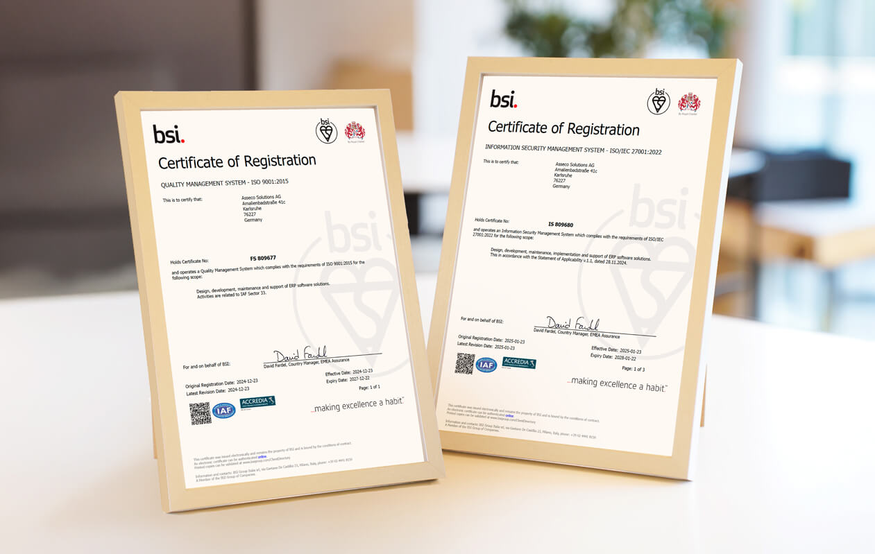 Geprüfte Sicherheit und Qualität: Asseco nach ISO 27001 und 9001 zertifiziert. (c) Asseco