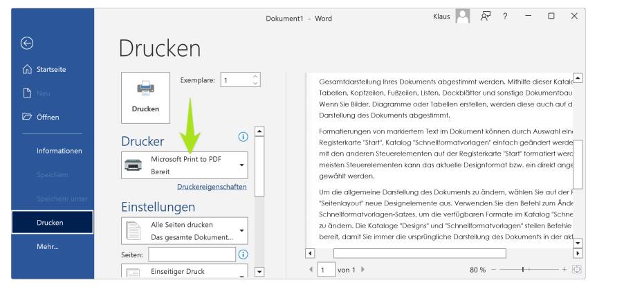 Der Drucken-Dialog in Word