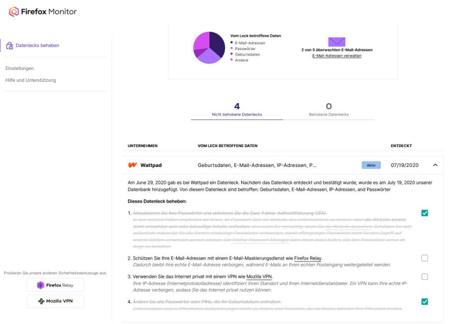 Screenshot von Firefox Monitor, welches einem Tipps bietet um eventuelle Datenlecks zu behen.