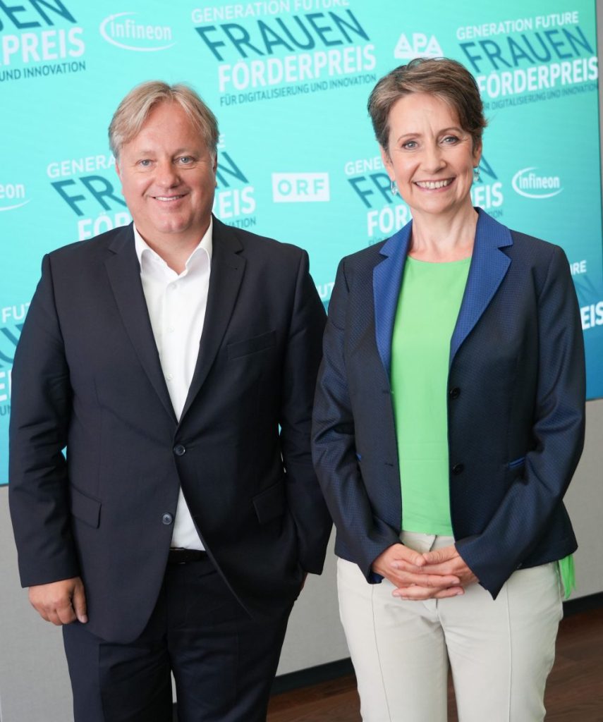 Infineon Austria und ORF starten den Frauenförderpreis 2023 im Bild : Harald Kräuter, ORF-Direktor Technik und Digitalisierung mit Sabine Herlitschka, Vorstandsvorsitzende Infineon Technologies Austria AG