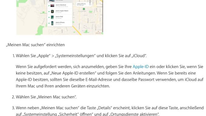 Eine detailierte Beschreibung wie "Meinen Mac suchen" aktiviert wird, gibt es auf der Homepage von Apple. (c) Screenshot Apple