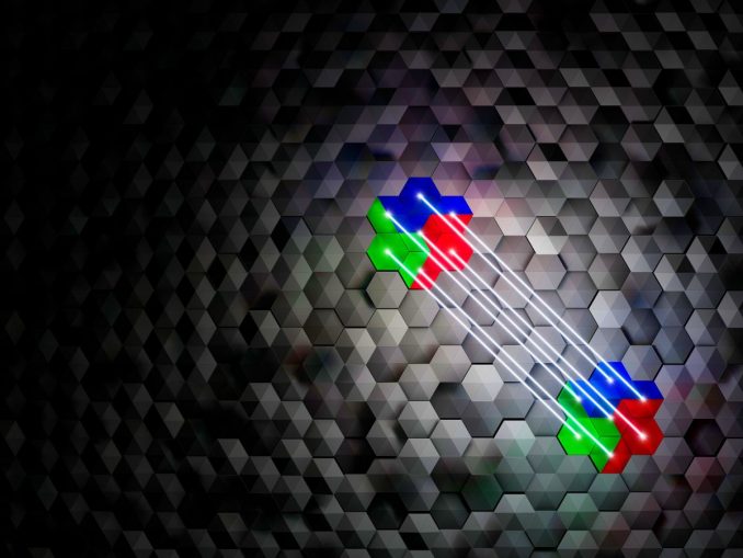 Künstlerische Darstellung der Manipulation von logischen Quantenbits, die durch Quantenfehlerkorrektur vor Fehlern geschützt sind. (c) Johannes Knünz