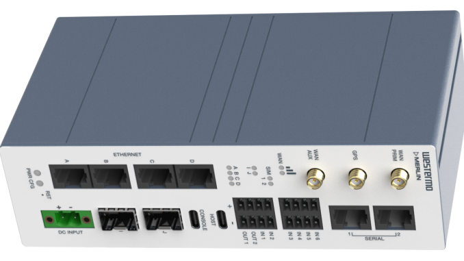 Der Merlin-4609-F2G-T4-S2-DI6-DO2-LV-PFN ist ein LTE 450 MHz Router von Westermo für industrielle Anwendungen. (c) BellEquip