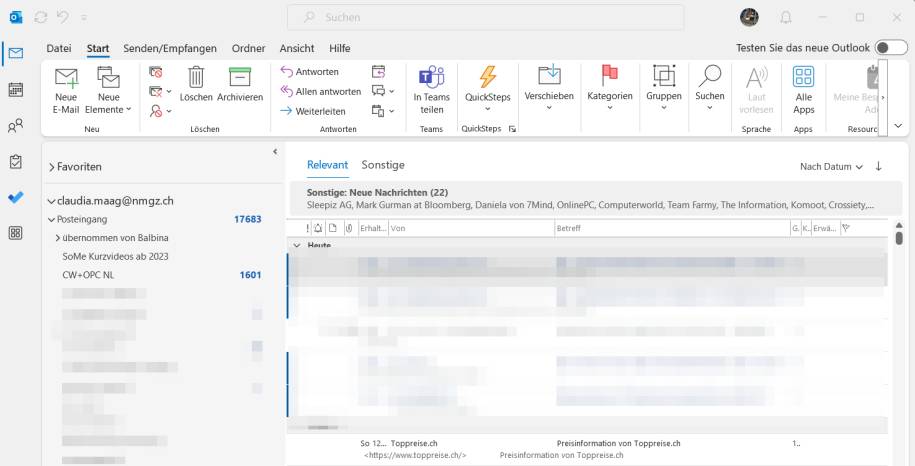 So sah Outlook für Windows bisher aus (Microsoft Office/365 Enterprise)