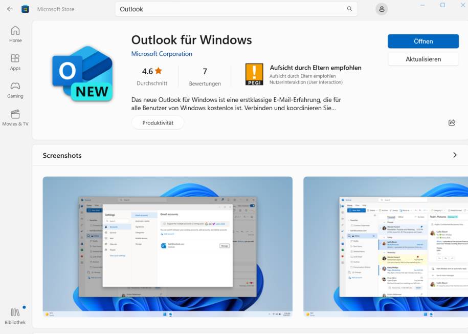 Das neue Outlook im Microsoft Store.