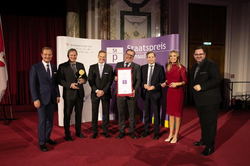 Die Gewinner des Staatspreis Consulting Humanomed IT mit Alfred Harl, Nina Kraft und Christian Rupp. (c) Caroline Strasnik