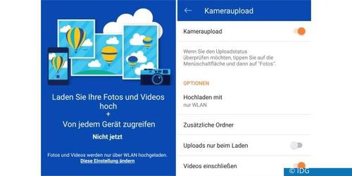 Den automatischen Kameraupload am Smartphone bieten die meisten Cloud-Apps. Die Abbildung zeigt Installation (links) und Einrichtung am Beispiel von Microsoft Onedrive. (c) IDG