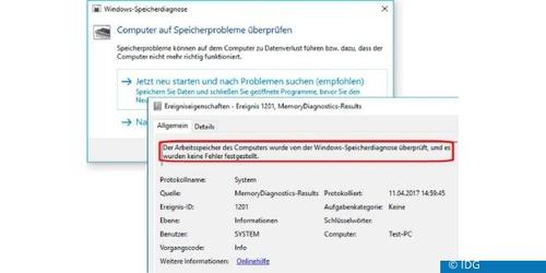 Windows enthält eine eigene App zum Testen des Hauptspeichers, die dank Reboot das gesamte RAM überprüft – also auch den sonst von Windows verwendeten Teil. (c) IDG