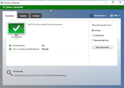 Windows 8.1 und Windows 10 verfügen über Windows Defender, allerdings ist die Software nicht sehr zuverlässig. (c) Thomas Joos