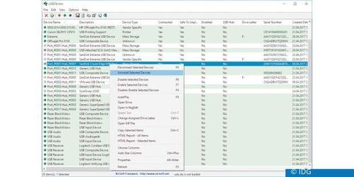 Mit USB-Deview zeigen Sie USB-Geräte an, die aktuell an Ihrem Computer angeschlossen sind oder irgendwann zuvor damit verbunden waren. Über das Kontextmenü entfernen Sie Einträge. (c) IDG
