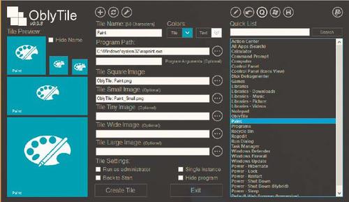 Obly Tile: Das Tool unterstützt Sie beim Erstellen neuer Kacheln für das Startmenü von Windows 8. Am einfachsten ist es, ein Programm aus einer der Listen zu übernehmen. (c) pcwelt.de