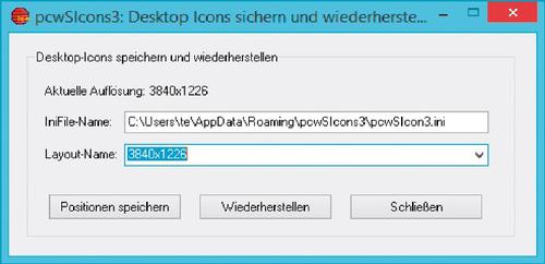 PC-WELT-pcwSicons: Die genaue Position der Desktop Icons lässt sich für jede Auflösung getrennt speichern und bei Bedarf wiederherstellen. (c) pcwelt.de