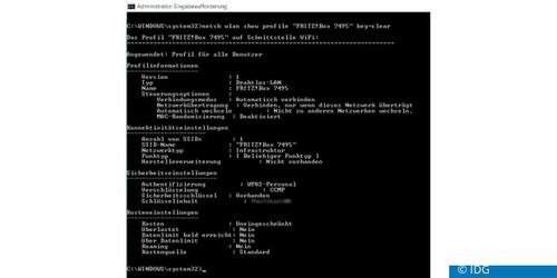 Auch unter Windows 10 müssen Sie für einige Netzwerkeinstellungen die Eingabeaufforderung bemühen – zum Beispiel, wenn Sie sich das WLAN-Passwort anzeigen lassen wollen. (c) IDG