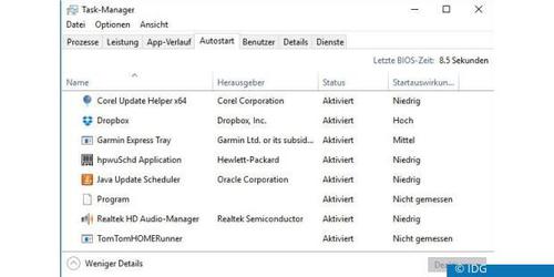 Der Task-Manager umfasst in Windows 10 auch die Autostart-Programme: Die Spalte „Startauswirkungen“ rechts zeigt, wie sich Programme auf den Start von Windows auswirken. (c) IDG