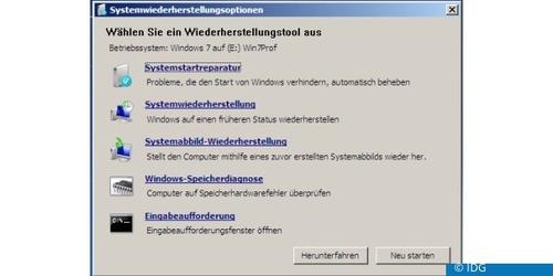 Die Systemwiederherstellungsoptionen von Windows bringen bereits ab Werk Tools mit, um den Systemstart zu reparieren oder den Arbeitsspeicher zu überprüfen. (c) IDG