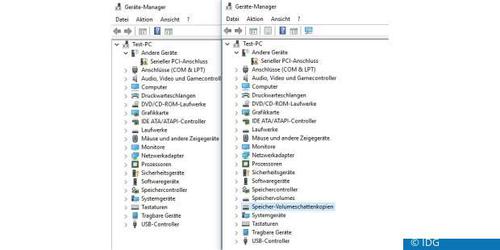 Links die normale Ansicht des Geräte-Managers, rechts die mit 