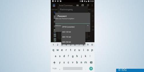 Mit dem Dateimanager können Sie auch mehrere Dateien komprimieren und verschlüsseln. Hier stehen verschiedcne Methoden zur Auswahl. (c) IDG