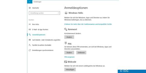 Kennwort, PIN, Bildcode und Windows Hello – Windows 10 unterstützt vier Authentifizierungsmethoden. (c) IDG