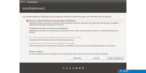 Parallelinstallation: Das Linux-Setup-Tool erkennt die Windows-Installation automatisch und bietet die Einrichtung auf der gleichen Festplatte neben Windows an. (c) IDG