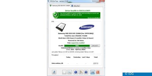 100% Health und eine Lebensdauer bis 22. April 2026 sagt das Programm SSDLife für die hier analysierte Samsung-SDD vom Typ Evo 850 voraus. (c) IDG