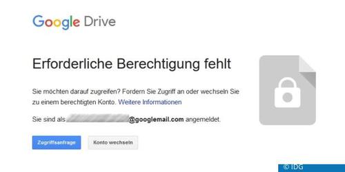 Google Drive gestattet in der Voreinstellung nur einzeln berechtigten Personen den Zugriff auf freigegebene Dateien in der Cloud ? hier schlägt das Öffnen deshalb fehl. (c) IDG