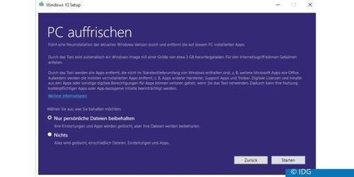 Eine Art Geheimtipp und besser als manches Spezialtool: Die Funktion „PC Auffrischen“ entfernt unter Windows 10 sämtliche vorinstallierten Programme. (c) IDG