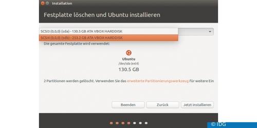 Zweite Festplatte: Steht eine weitere Festplatte für die Linux-Installation zur Verfügung, wählen Sie ?Festplatte löschen und Ubuntu installieren? und danach die gewünschte Festplatte aus. (c) IDG