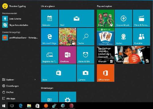 Das Startmenü von Windows 10 zeigt zwar immer noch Kacheln, aber es ist deutlich besser nutzbar als der Bildschirm „Start“ von Windows 8. (c) tecchannel.de