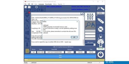 Klicken Sie in Sardu rechts oben, um einen USB-Stick einzubinden, und dann auf das große USB-Stick-Symbol, um das Multibootsystem auf den Stick zu kopieren. (c) IDG