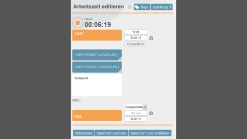 Timesheet Cloud Hier wird in der Timesheet Cloud die Arbeitszeit erfasst. Sie lässt sich nachträglich editieren. (c) Yvonne Göpfert