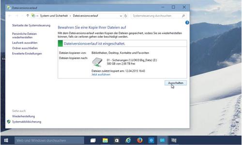Abgespeckt: Windows 8/8.1 und auch das kommende Windows 10 bieten zum Sichern nur noch den Dateiversionsverlauf an. Er kann ein komplettes Backup nicht ersetzen. (c) Thomas Bär