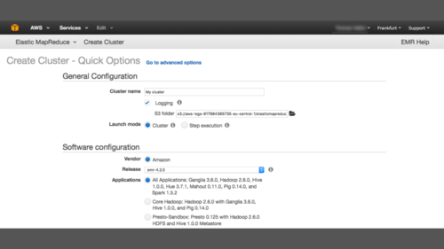 Beim Aufsetzen eines Hadoop-Clusters in Amazon EMR kann man unter anderem die Cluster-Größe, die Software-Version und die installierenden Applikationen wählen. (c) computerwoche.de