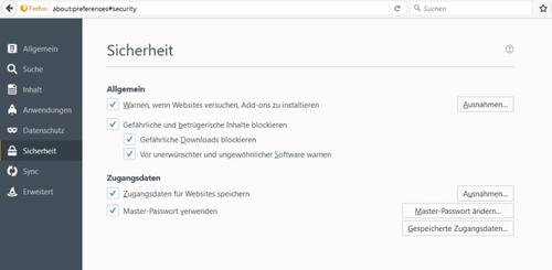 Mozilla Firefox sichert die gespeicherten Zugangsdaten mit einem Masterkennwort. (c) computerwoche.de