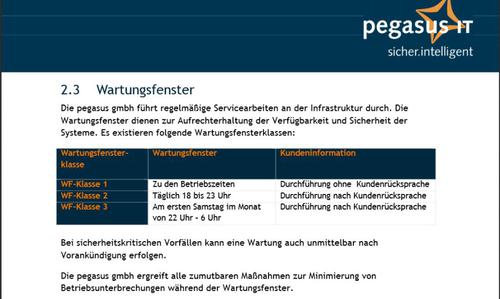 Dieser Provider legt verschieden Wartungsfenster-Klassen mit und ohne Kundenrücksprache fest. (c) Pegasus IT